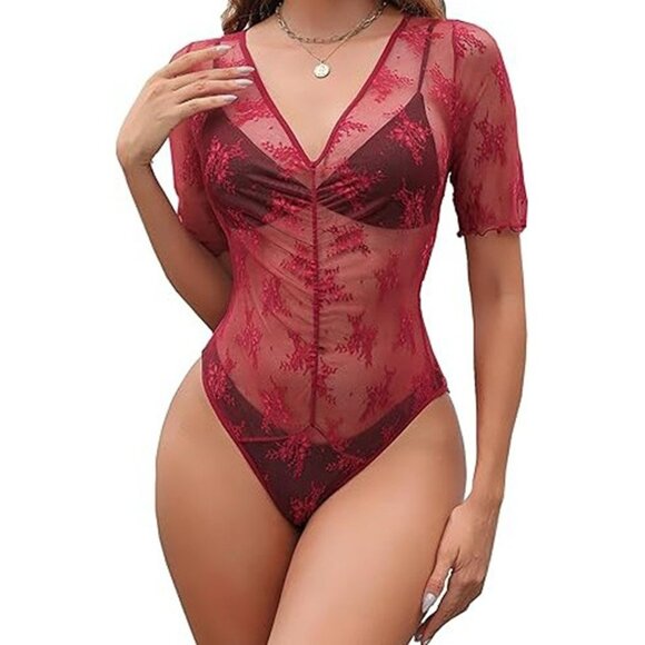 Mesh Bodysuit Women V Neck Short Sleeve Body Suit Sheer Top Lace Wine Red XL - Picture 1 of 6